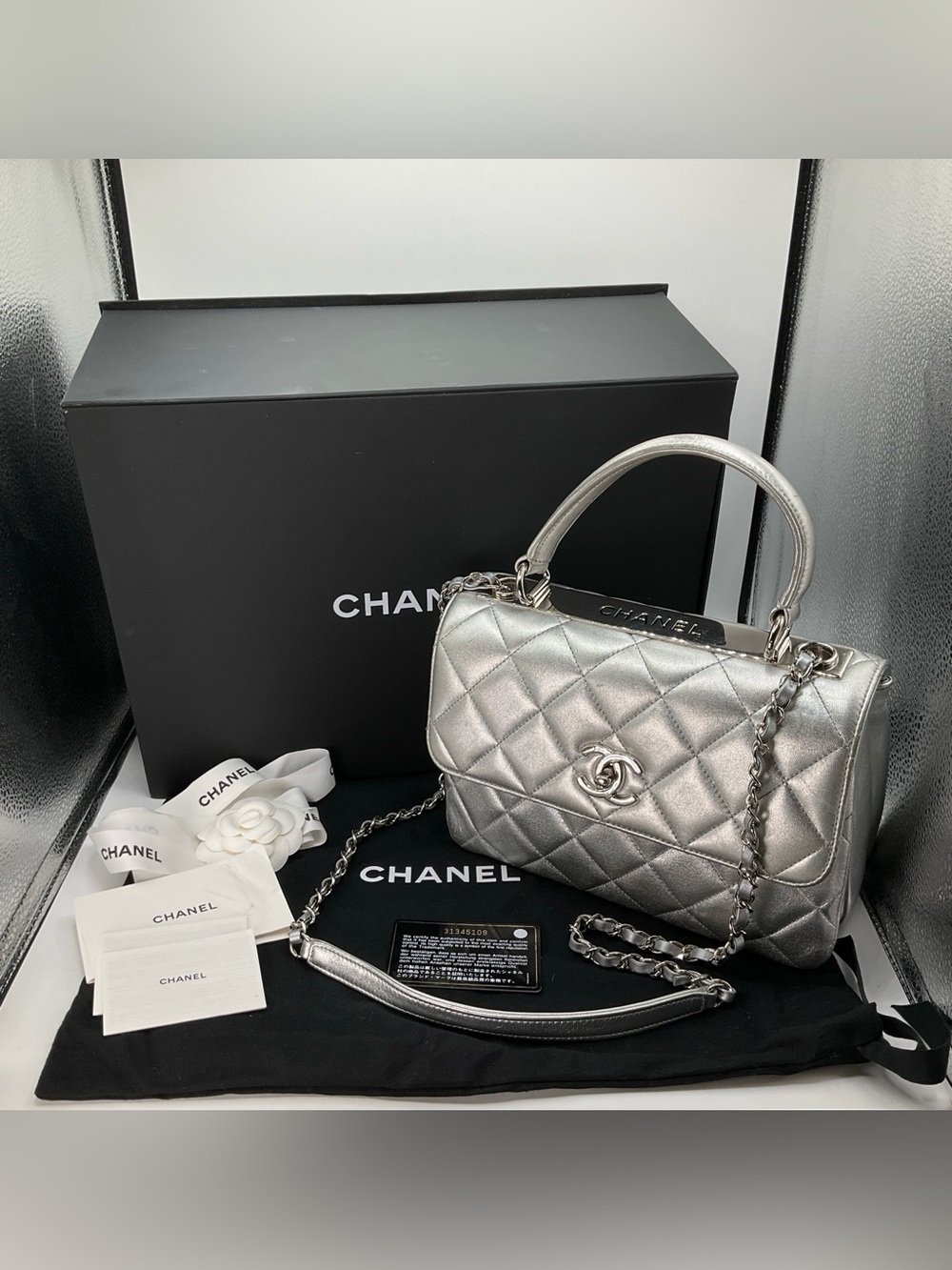 CHANEL Small Trendy CC Flap Bag Metallic Silver Quilted Lambskin With Box